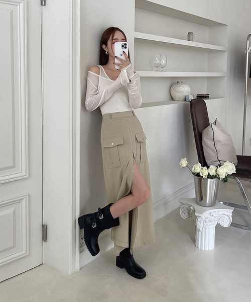 Doula Doula（ドゥーラドゥーラ）の「フロントジップスリットカーゴスカート（スカート・レディース・カーキ/ブラック・M/S）」の9枚目の写真