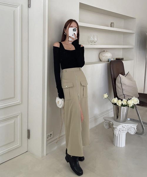 Doula Doula（ドゥーラドゥーラ）の「フロントジップスリットカーゴスカート（スカート・レディース・カーキ/ブラック・M/S）」の10枚目の写真