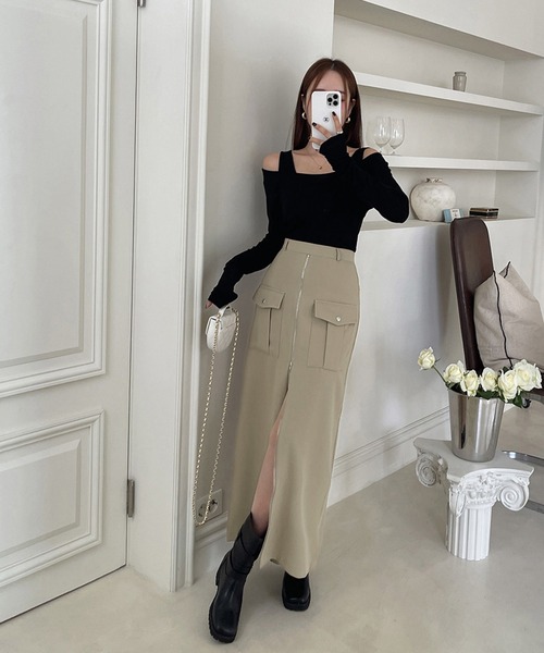 Doula Doula（ドゥーラドゥーラ）の「フロントジップスリットカーゴスカート（スカート・レディース・カーキ/ブラック・M/S）」の12枚目の写真