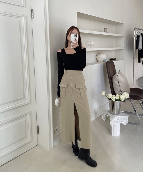 Doula Doula（ドゥーラドゥーラ）の「フロントジップスリットカーゴスカート（スカート・レディース・カーキ/ブラック・M/S）」の11枚目の写真