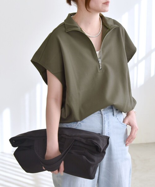 quaranciel:〈洗濯機可能〉ライト ポンチ ハーフジップ フレンチスリーブ TEE quaranciel:〈洗濯機可能〉ライト ポンチ ハーフジップ フレンチ