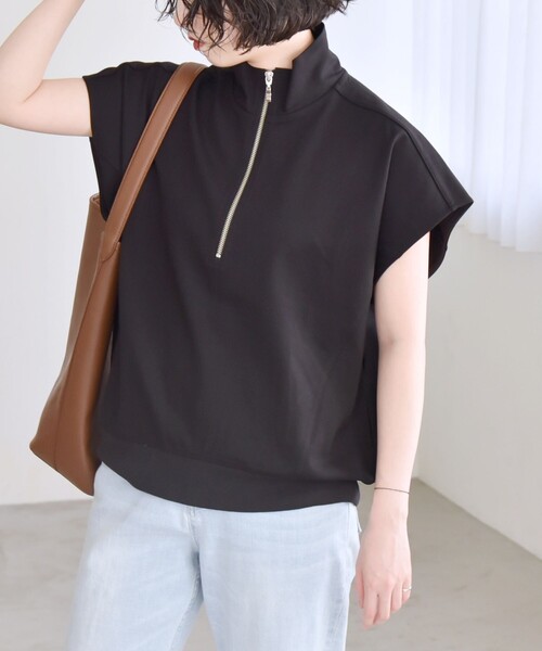 quaranciel:〈洗濯機可能〉ライト ポンチ ハーフジップ フレンチスリーブ TEE quaranciel:〈洗濯機可能〉ライト ポンチ ハーフジップ フレンチ