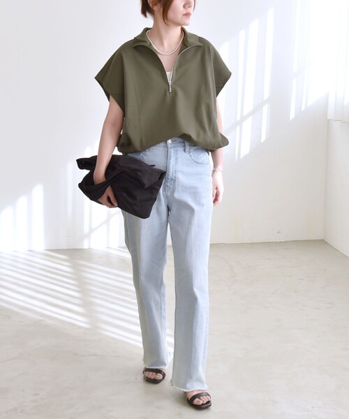 quaranciel:〈洗濯機可能〉ライト ポンチ ハーフジップ フレンチスリーブ TEE quaranciel:〈洗濯機可能〉ライト ポンチ ハーフジップ フレンチ