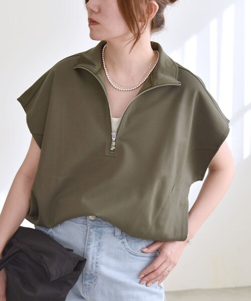 quaranciel(カランシエル)の「quaranciel:〈洗濯機可能〉ライト ポンチ ハーフジップ フレンチスリーブ TEE(Tシャツ/カットソー・レディース・オフホワイト/カーキ/ブラック・ONE SIZE)」の20枚目の写真