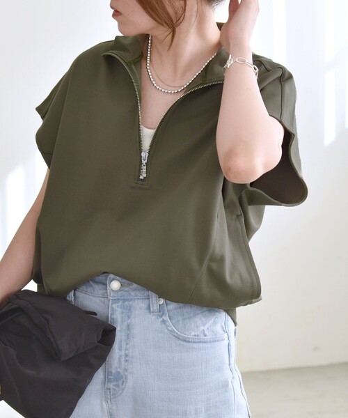 quaranciel(カランシエル)の「quaranciel:〈洗濯機可能〉ライト ポンチ ハーフジップ フレンチスリーブ TEE(Tシャツ/カットソー・レディース・オフホワイト/カーキ/ブラック・ONE SIZE)」の18枚目の写真