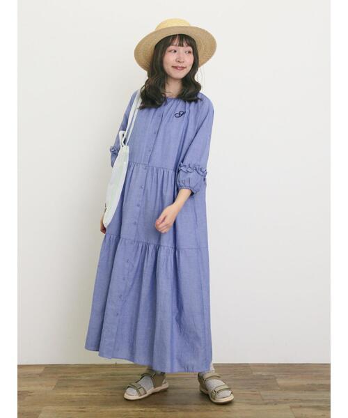 サマンサモスモス　イニシャル刺繍7分袖ティアードワンピース　M ブラック セール】 【S/Mサイズ】イニシャル刺繍7分袖ティアード