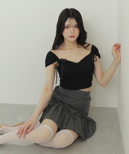 twin ribbon pleats mini skirt/ツインリボンプリーツミニ