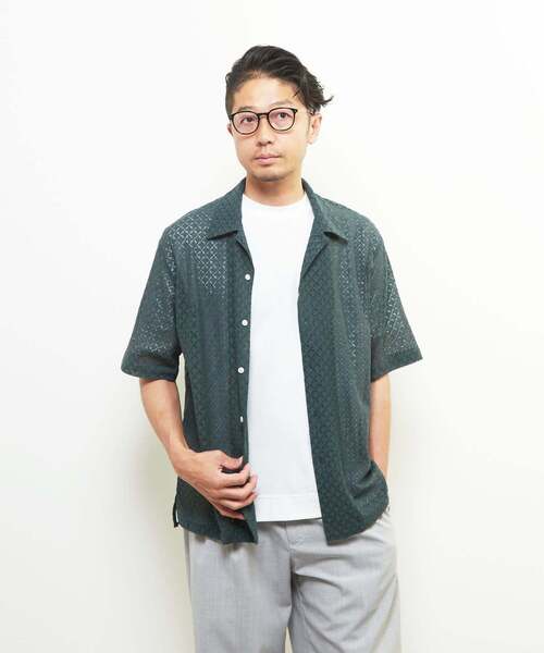 MEN'S MELROSE(メンズメルローズ)の「テクスチャーメッシュオープンカラーシャツ(シャツ/ブラウス・メンズ・ブラック/グリーン・2/4/3)」の1枚目の写真