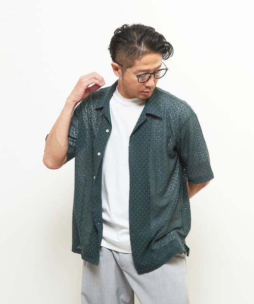 MEN'S MELROSE(メンズメルローズ)の「テクスチャーメッシュオープンカラーシャツ(シャツ/ブラウス・メンズ・ブラック/グリーン・2/4/3)」の14枚目の写真