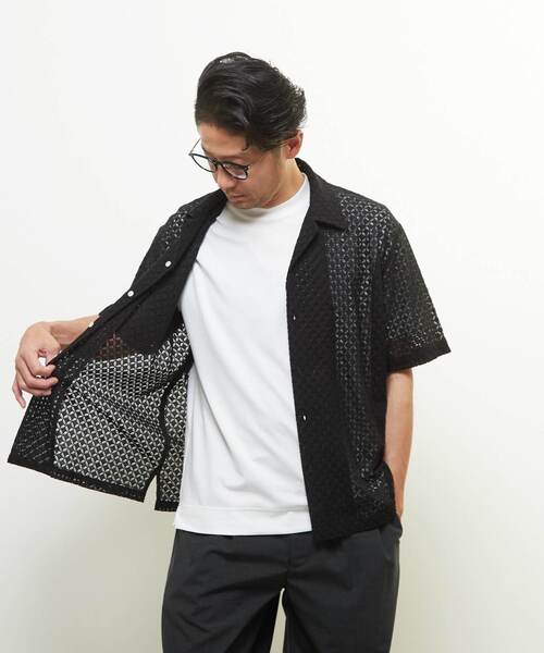 MEN'S MELROSE(メンズメルローズ)の「テクスチャーメッシュオープンカラーシャツ(シャツ/ブラウス・メンズ・ブラック/グリーン・2/4/3)」の18枚目の写真