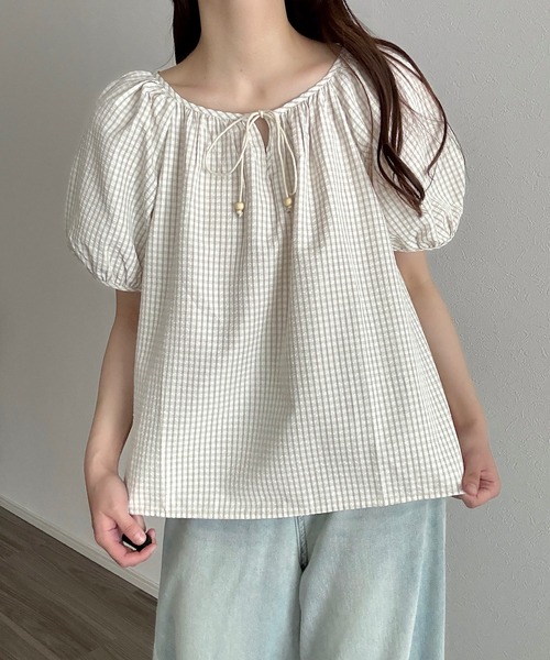 Cham.（チャム）の「ボリュームスリーブチェックブラウス（シャツ/ブラウス・レディース・ピンク/ベージュ/ミント・F）」の2枚目の写真
