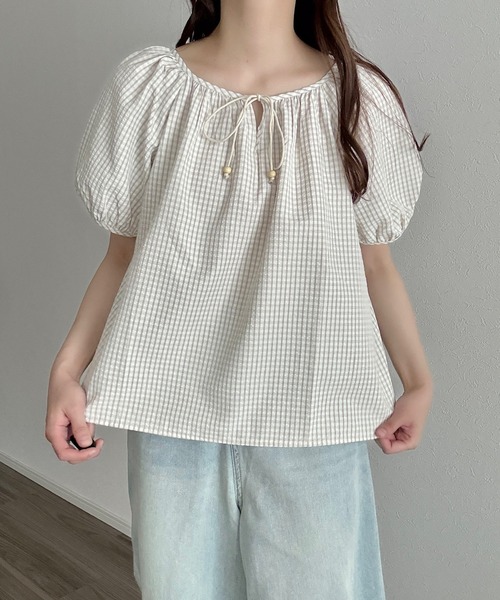 Cham.（チャム）の「ボリュームスリーブチェックブラウス（シャツ/ブラウス・レディース・ピンク/ベージュ/ミント・F）」の4枚目の写真