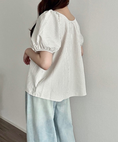 Cham.（チャム）の「ボリュームスリーブチェックブラウス（シャツ/ブラウス・レディース・ピンク/ベージュ/ミント・F）」の13枚目の写真