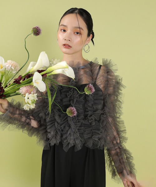 Kana（カナ）の「チュールフリル ギャザー ボレロ トップス 結婚式 お呼ばれ オケージョン デイリー（その他トップス・レディース・ブラウン/チャコールグレー/アイボリー/グリーン・M）」の10枚目の写真