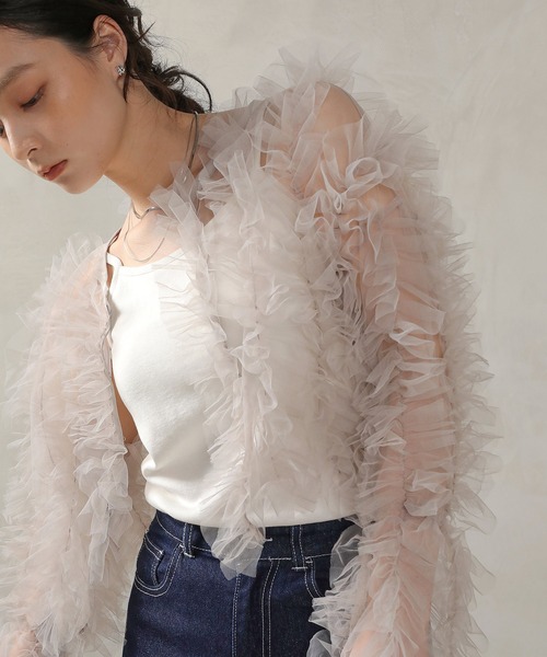 Kana（カナ）の「チュールフリル ギャザー ボレロ トップス 結婚式 お呼ばれ オケージョン デイリー（その他トップス・レディース・ブラウン/チャコールグレー/アイボリー/グリーン・M）」の7枚目の写真