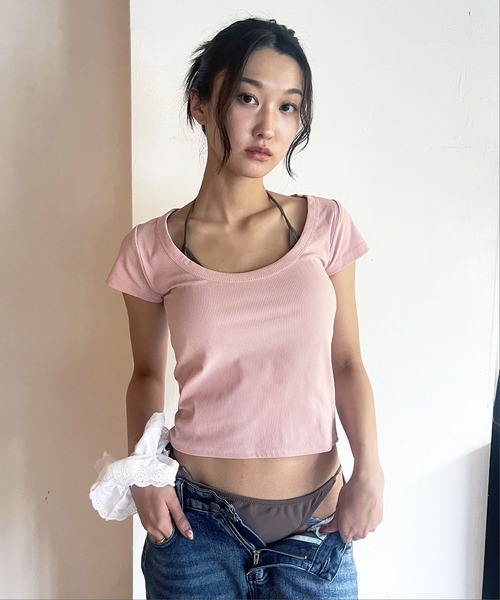 FOLLOWIN（フォロウィン）の「[FLW MADE]ベーシックラウンドネックリブTシャツ（Tシャツ/カットソー・レディース・イエロー/ピンク/ブラック/ホワイト・FREE）」の6枚目の写真
