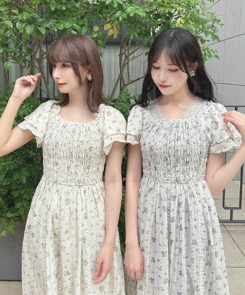 フィント　フリル使い小花柄シャーリングワンピース　ブルー 楽天市場】【F i.n.t 公式】フリル使い 小花柄 シャーリング