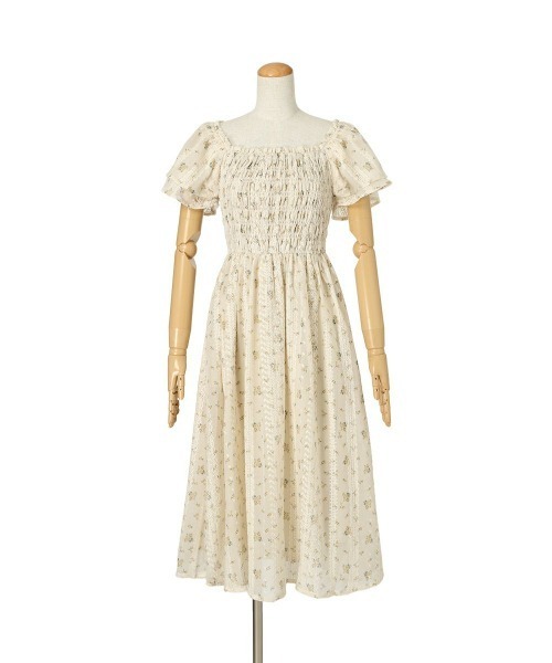 フィント フリル使い小花柄シャーリングワンピース セール】フリル使い小花柄シャーリングワンピース（ワンピース