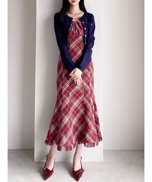 リゼクシー　バイアスチェックビスチェワンピース　ブラウン リゼクシー バイアスチェックビスチェワンピース ブラウン