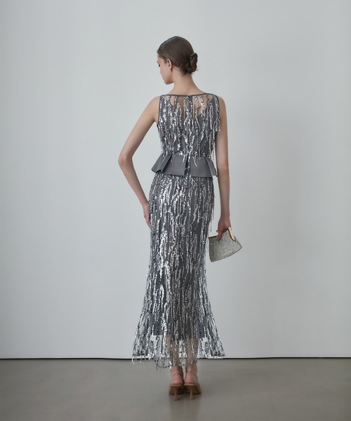 【あいこす】Leja パーティ ドレス S グレー Leja（レジャ） ドレス 「LEJA」スパンコール刺繍レースプチハイネック