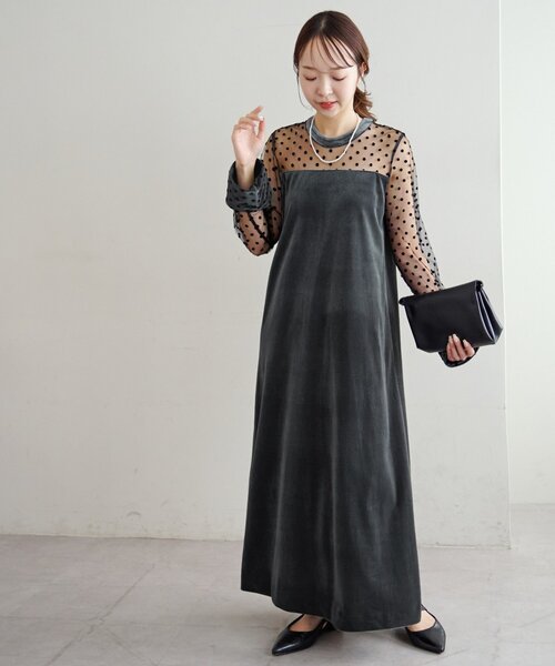 オケージョン】フロッキードットベロア切替ワンピース（ドレス