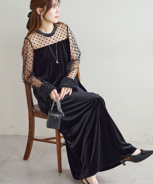 オケージョン】フロッキードットベロア切替ワンピース（ドレス