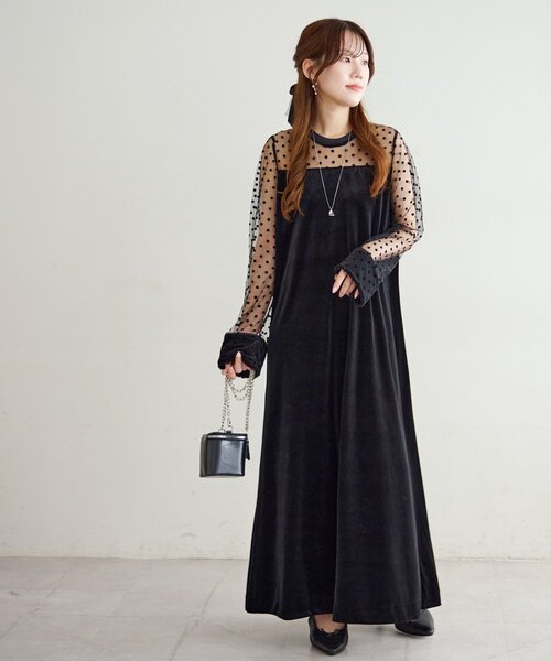 オケージョン】フロッキードットベロア切替ワンピース（ドレス