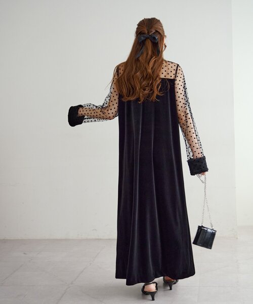 オケージョン】フロッキードットベロア切替ワンピース（ドレス