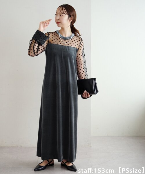 値下げ☆ベロア調フロッキー　モダン　ワンピース オケージョン】フロッキードットベロア切替ワンピース（ドレス