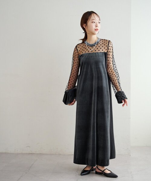 オケージョン】フロッキードットベロア切替ワンピース（ドレス