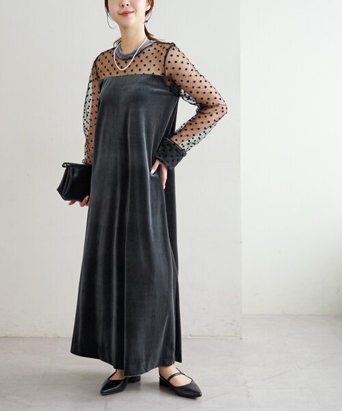オケージョン】フロッキードットベロア切替ワンピース（ドレス