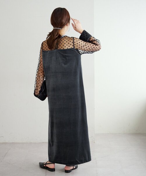 オケージョン】フロッキードットベロア切替ワンピース（ドレス