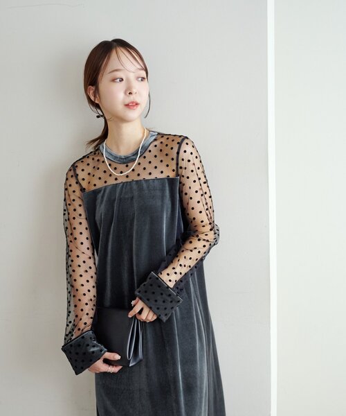 値下げ☆ベロア調フロッキー　モダン　ワンピース オケージョン】フロッキードットベロア切替ワンピース（ドレス