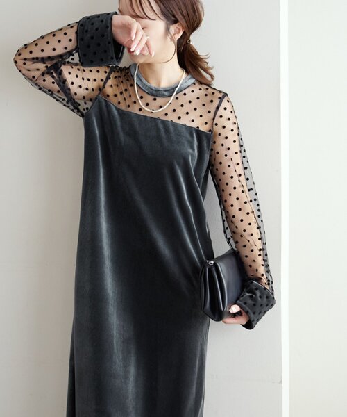セール】【オケージョン】フロッキードットベロア切替ワンピース
