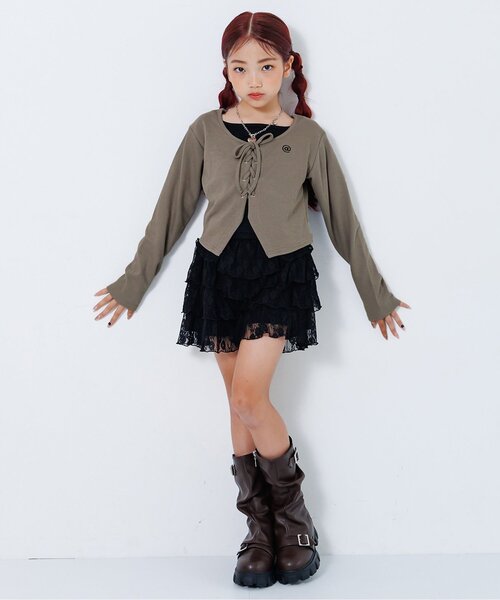 algy（アルジー）の「レースアップレイヤード風トップス（Tシャツ/カットソー・キッズ・サックスブルー/カーキ/チャコール・SMALL/MEDIUM/X-SMALL/XX-SMALL）」の4枚目の写真