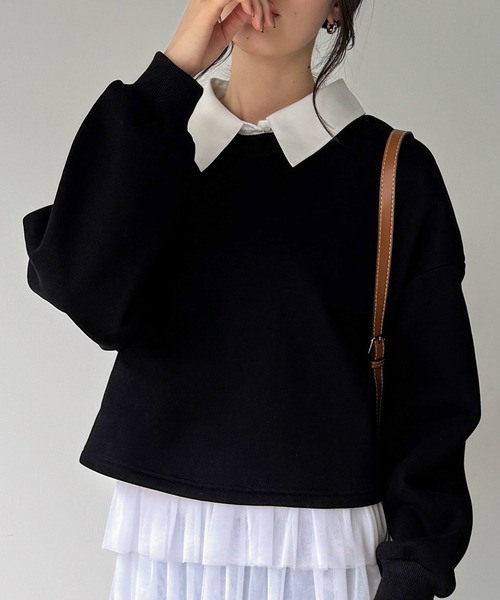 JUNOAH（ジュノア）の「襟付きレイヤード風スウェット＋レイヤード用チュールフリルキャミset（スウェット・レディース・オートミール/ブラック/アイボリー・SMALL/MEDIUM/LARGE）」の3枚目の写真