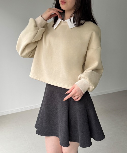 JUNOAH（ジュノア）の「襟付きレイヤード風スウェット＋レイヤード用チュールフリルキャミset（スウェット・レディース・オートミール/ブラック/アイボリー・SMALL/MEDIUM/LARGE）」の6枚目の写真