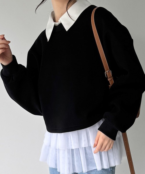 JUNOAH（ジュノア）の「襟付きレイヤード風スウェット＋レイヤード用チュールフリルキャミset（スウェット・レディース・オートミール/ブラック/アイボリー・SMALL/MEDIUM/LARGE）」の8枚目の写真