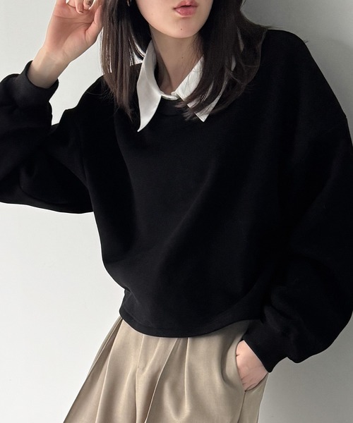 JUNOAH（ジュノア）の「襟付きレイヤード風スウェット＋レイヤード用チュールフリルキャミset（スウェット・レディース・オートミール/ブラック/アイボリー・SMALL/MEDIUM/LARGE）」の9枚目の写真