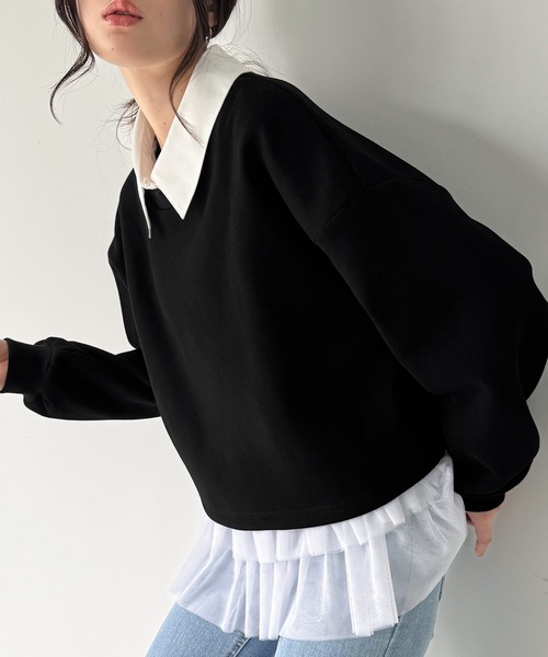 JUNOAH（ジュノア）の「襟付きレイヤード風スウェット＋レイヤード用チュールフリルキャミset（スウェット・レディース・オートミール/ブラック/アイボリー・SMALL/MEDIUM/LARGE）」の11枚目の写真