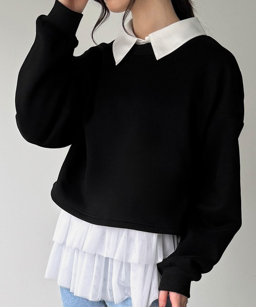 JUNOAH（ジュノア）の「襟付きレイヤード風スウェット＋レイヤード用チュールフリルキャミset（スウェット・レディース・オートミール/ブラック/アイボリー・SMALL/MEDIUM/LARGE）」の12枚目の写真