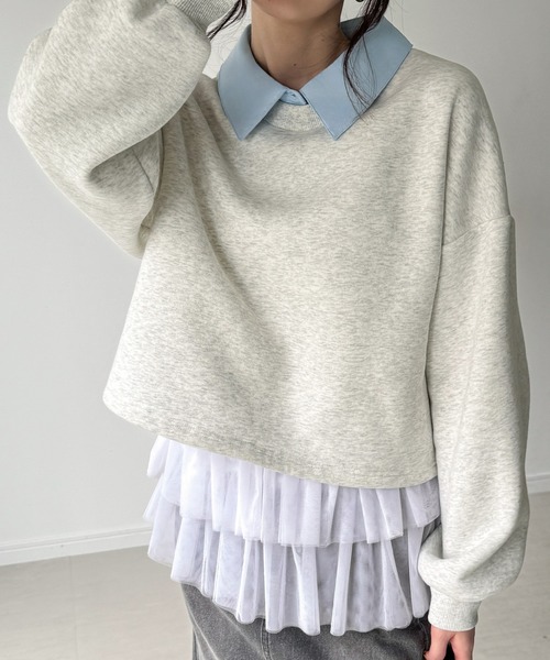 JUNOAH（ジュノア）の「襟付きレイヤード風スウェット＋レイヤード用チュールフリルキャミset（スウェット・レディース・オートミール/ブラック/アイボリー・SMALL/MEDIUM/LARGE）」の14枚目の写真
