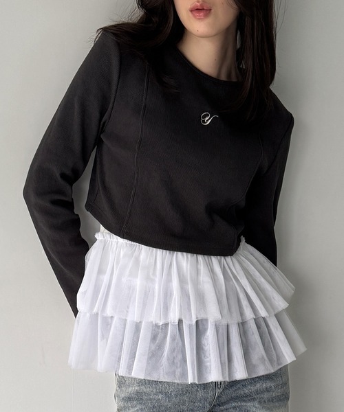 JUNOAH（ジュノア）の「襟付きレイヤード風スウェット＋レイヤード用チュールフリルキャミset（スウェット・レディース・オートミール/ブラック/アイボリー・SMALL/MEDIUM/LARGE）」の19枚目の写真