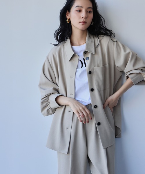 ELFRANK(エルフランク)の「セットアップ オーバーサイズ シャツジャケット ワイドパンツ 2点セット 上下セット【洗える】(セットアップ・レディース・カーキ/ベージュ・L/M)」の7枚目の写真