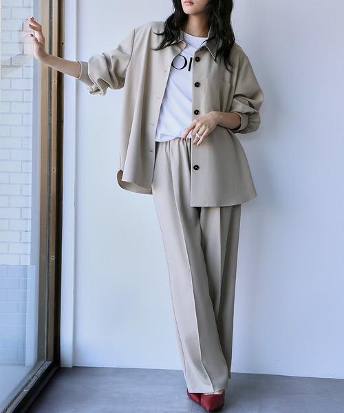 ELFRANK(エルフランク)の「セットアップ オーバーサイズ シャツジャケット ワイドパンツ 2点セット 上下セット【洗える】(セットアップ・レディース・カーキ/ベージュ・L/M)」の6枚目の写真
