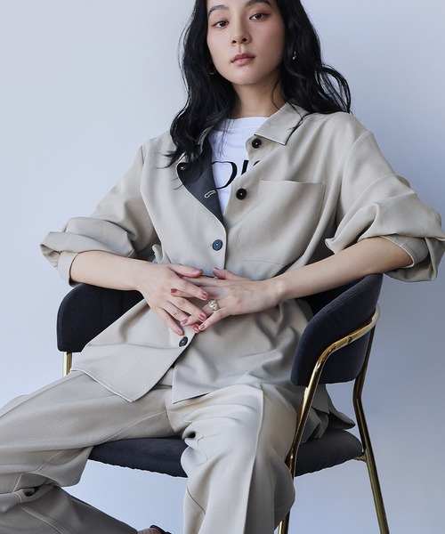 ELFRANK(エルフランク)の「セットアップ オーバーサイズ シャツジャケット ワイドパンツ 2点セット 上下セット【洗える】(セットアップ・レディース・カーキ/ベージュ・L/M)」の15枚目の写真