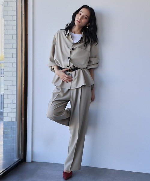 ELFRANK(エルフランク)の「セットアップ オーバーサイズ シャツジャケット ワイドパンツ 2点セット 上下セット【洗える】(セットアップ・レディース・カーキ/ベージュ・L/M)」の12枚目の写真