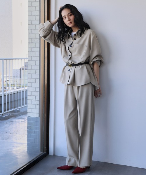 ELFRANK(エルフランク)の「セットアップ オーバーサイズ シャツジャケット ワイドパンツ 2点セット 上下セット【洗える】(セットアップ・レディース・カーキ/ベージュ・L/M)」の11枚目の写真