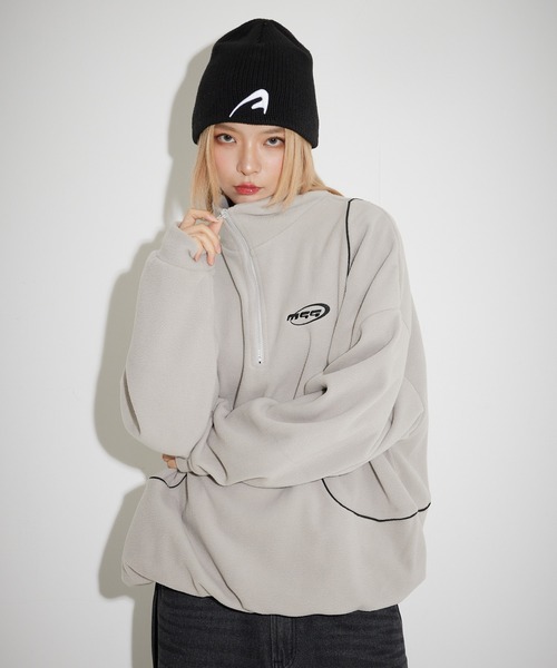 MSG（エムエスジー）の「オーバーサイズハーフジップ フリース／スウェット プルオーバー 配色 ブランドロゴ ワンポイント刺繍　パイピング　テック　サイドライン トラックジャケット（スウェット・メンズ・ブラック系/オレンジ/ブラック系1/ベージュ系/オレンジ系/アイボリー/ホワイト系/グレー系/ネイビー系・L/M/XL/S）」の6枚目の写真