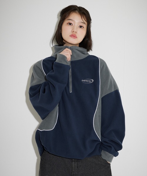 MSG（エムエスジー）の「オーバーサイズハーフジップ フリース／スウェット プルオーバー 配色 ブランドロゴ ワンポイント刺繍　パイピング　テック　サイドライン トラックジャケット（スウェット・メンズ・ブラック系/オレンジ/ブラック系1/ベージュ系/オレンジ系/アイボリー/ホワイト系/グレー系/ネイビー系・L/M/XL/S）」の8枚目の写真